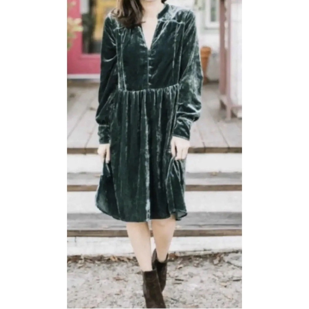 Holding Horses Anthropologie Womens Babydoll Long Sleeve Green‎ Velvet Dress XS